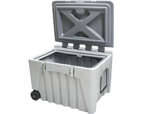 Geöffnete, mobile Transportbox mit Klappverschluss