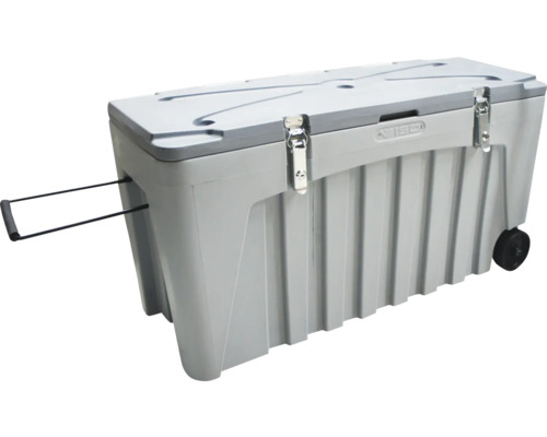 Graue Werkzeugkiste mit Rädern und ausziehbarem Griff