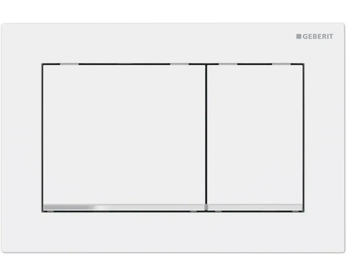 Plaque de commande GEBERIT Omega30 plaque blanc mat / bouton blanc mat avec bandes design à haute brillance chromé 115.080.JT.1 Plaque de commande Geberit avec deux touches pour le réglage du volume de rinçage
