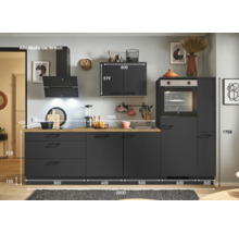 Komplette Küche in dunkler Farbe mit Hängeschrank, Dunstabzugshaube und Einbaubackofen mit den Maßen