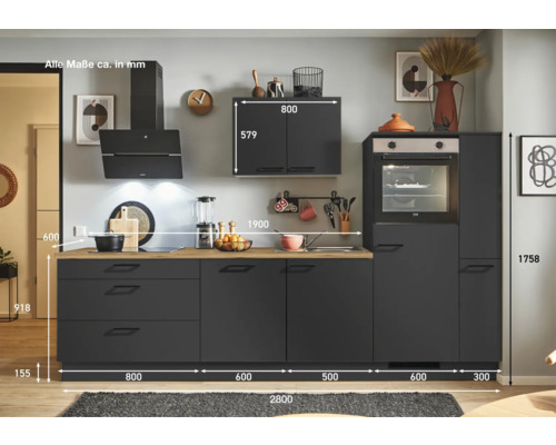Komplette Küche in dunkler Farbe mit Hängeschrank, Dunstabzugshaube und Einbaubackofen mit den Maßen