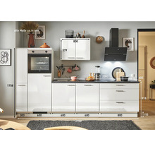 Küchenzeile mit Hochschrank, Hängeschrank, Spüle, Kochfeld und Dunstabzugshaube, inklusive Maßangaben