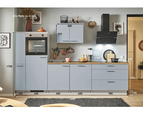 Küchenzeile mit Maßen, bestehend aus Unterschränken, Hochschrank mit Backofen und Hängeschrank.