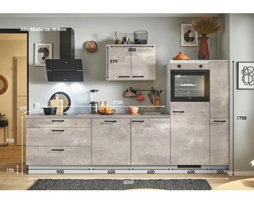 Cuisine équipée avec four encastrable, hotte aspirante et élément haut avec dimensions