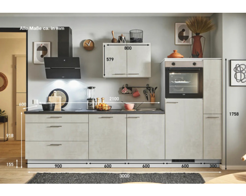 Küchenzeile mit Spüle, Herd, Dunstabzugshaube und Maßen