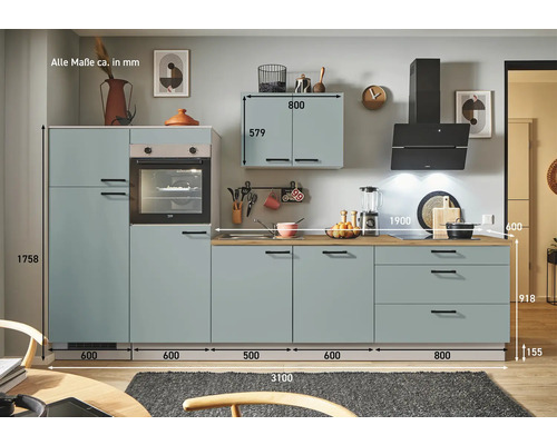 Küchenzeile mit Spüle, Kochfeld und integrierten Elektrogeräten