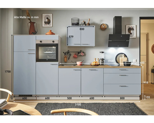 Küchenzeile mit Hängeschrank, Backofen und Dunstabzugshaube mit Maßangaben