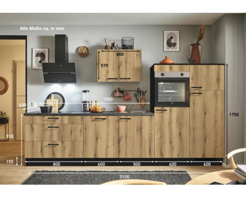 Küchenzeile mit Dunstabzugshaube, Spüle, Schubladen, Schränken und Backofen mit Maßangaben