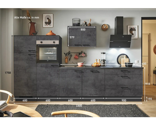 Küchenzeile in Grau mit Elektrogeräten und Maßangaben