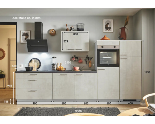 Küchenzeile mit Maßen in Millimeter.