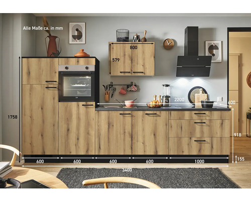 Cuisine équipée avec four encastrable, armoire suspendue et hotte aspirante aspect bois avec dimensions