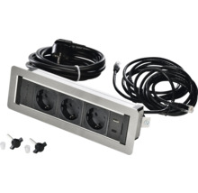 Tischsteckdose mit drei Steckplätzen, zwei USB Anschlüssen, Stromkabel und Netzwerkkabel