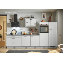 Komplette Küchenzeile mit Elektrogeräten und Maßangaben