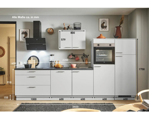 Komplette Küchenzeile mit Elektrogeräten und Maßangaben