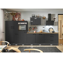 Komplette Küche in Schwarz mit Elektrogeräten und Maßen