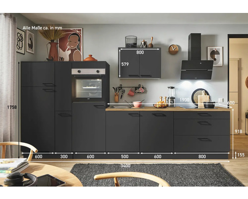 Komplette Küche in Schwarz mit Elektrogeräten und Maßen