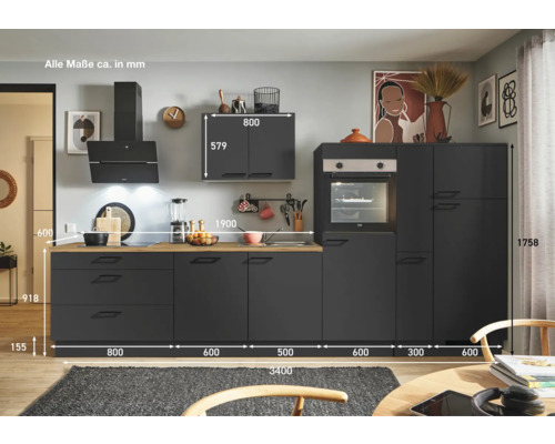 Komplette Küche mit Hängeschrank, Dunstabzugshaube und Backofen