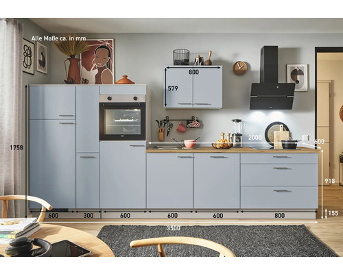 Komplette Küche mit Hängeelement, Backofen und Dunstabzugshaube mit Maßangaben