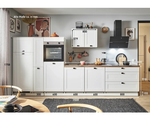 Cuisine linéaire en blanc avec appareils électriques et dimensions