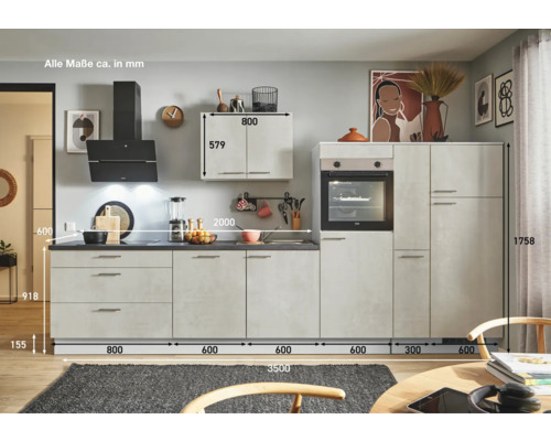 Komplette Küche mit Einbaugeräten und Maßen