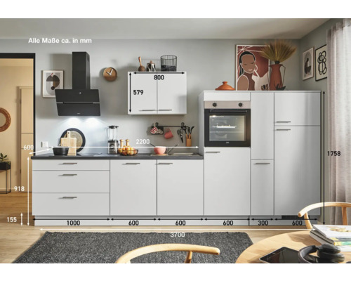 Küchenzeile mit Maßenangaben in Millimeter dargestellt.