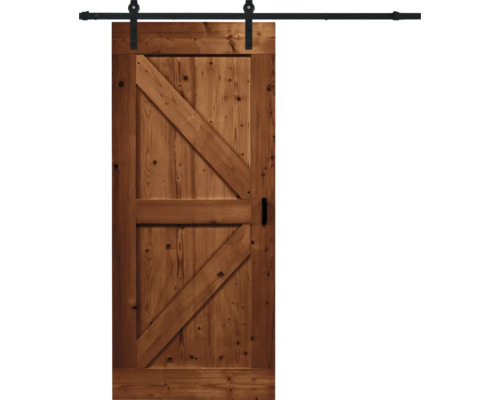 Kit complet de porte coulissante Pertura Barn Door Vintage marron apprêté Wales 95x215 cm y compris vantail de porte, ferrure de porte coulissante Basic Rail, entretoise 35 mm et kit poignée