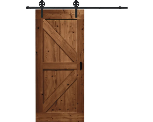 Kit complet de porte coulissante Pertura Barn Door Vintage marron apprêté Wales 95x215 cm y compris vantail de porte, ferrure de porte coulissante Rail rayons, entretoise 35 mm et kit poignée