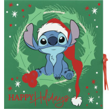 Quadratische Geschenkbox mit Stitch-Motiv, Weihnachtsmannmütze und Weihnachtsgruß
