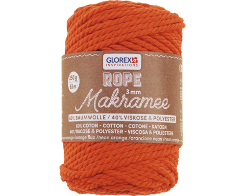 Makramee Rope 3 mm 250 g 63 m dreifädig gedreht neon orange Knäuel Makramee Garn aus Baumwolle und Viskose, 3 Millimeter dick
