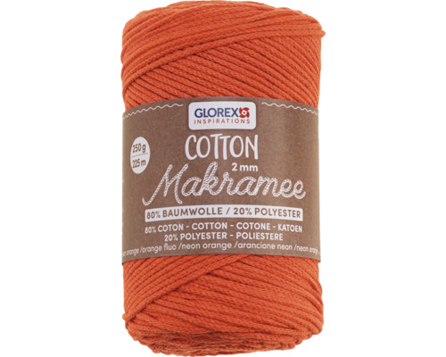 Makramee Cotton 2 mm 250 g 225 m gewebt neon orange Neonorangefarbenes Baumwoll-Makramee-Garn, 2 mm, 250 g