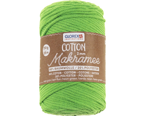Makramee Cotton 2 mm 250 g 225 m gewebt neon grün Glorex Makramee Garn aus Baumwolle und Polyester, 2 Millimeter