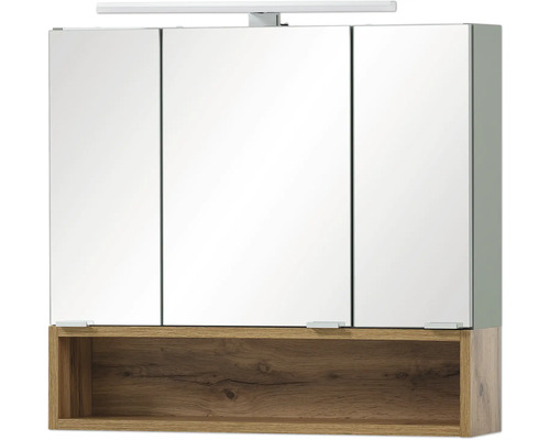 Spiegelschrank Smilla 64,6 x 16 x 64,6 cm salbei Eiche Landhaus 3-türig LED Spiegelschrank mit drei Türen und offenem Holzfach