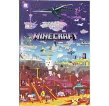 Poster Minecraft avec différents mondes de jeu et personnages.