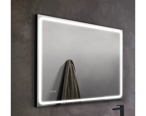 Miroir de salle de bains LED Focco MIA II 80 x 80 cm cadre noir lumière à intensité variable, température de lumière réglable et antibuée IP 44 Miroir rectangulaire avec éclairage LED dans la salle de bains.