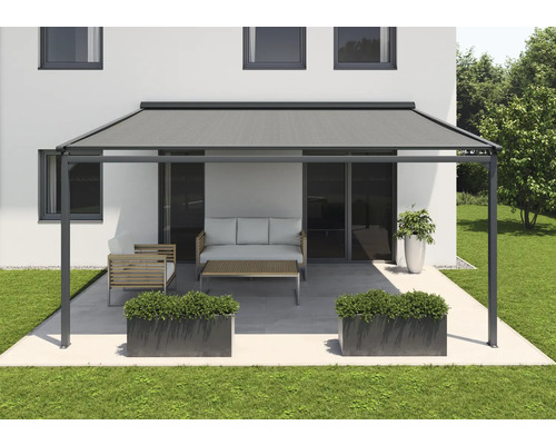 Le store banne pergola SOLUNA avec toit en tissu 4x4 dessin 8445 châssis RAL 7016 gris anthracite entraînement à gauche, avec moteur, interrupteur mural (fixation murale)