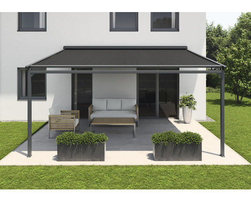 Store banne pergola SOLUNA 2,5x3,5 tissu dessin 8446 châssis RAL 7016 gris anthracite entraînement à droite avec moteur, interrupteur mural (fixation murale)