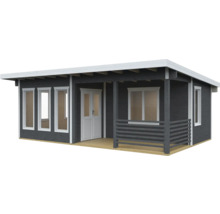 Abri de jardin gris avec véranda, fenêtres et porte double