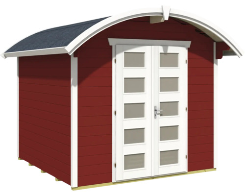 Abri de jardin rouge avec double porte et toit arrondi
