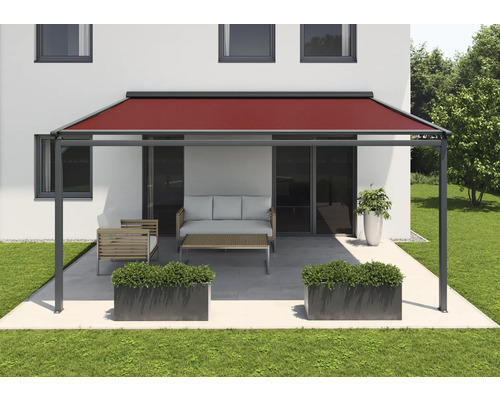 Store banne pergola SOLUNA 4,5x4,5 tissu dessin 320961 châssis RAL 7016 gris anthracite entraînement à droite avec moteur, interrupteur mural (fixation murale)