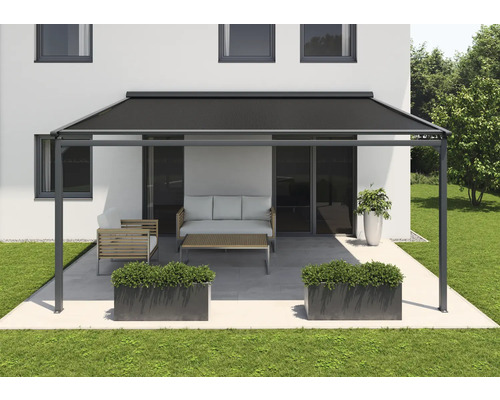 Store banne pergola SOLUNA avec toit en tissu 4x4 dessin 320994 châssis RAL 7016 gris anthracite entraînement à gauche, avec moteur, interrupteur mural (fixation murale)