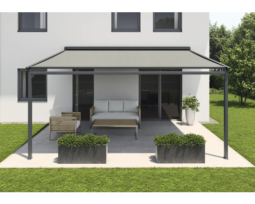 Store banne pergola SOLUNA 4,5x2 tissu dessin S1469 châssis RAL 7016 gris anthracite entraînement à gauche avec moteur, interrupteur mural (fixation murale)