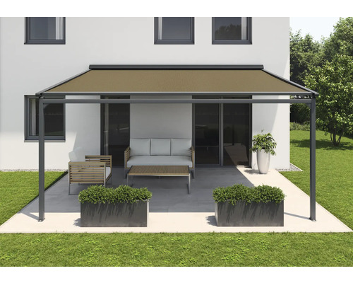 Store banne pergola SOLUNA avec toit en tissu 3x3 tissu dessin S2838 châssis RAL 7016 gris anthracite entraînement à gauche, avec moteur, interrupteur mural (fixation murale)