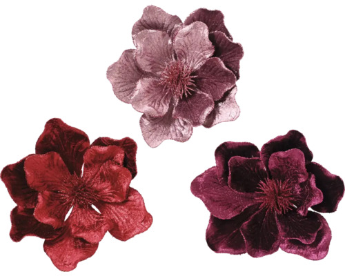 Déco de Noël fleur sur attache plastique 26 x 26 x 16 cm bordeaux rose rouge choix de couleurs aléatoire Trois têtes de fleurs artificielles en textile