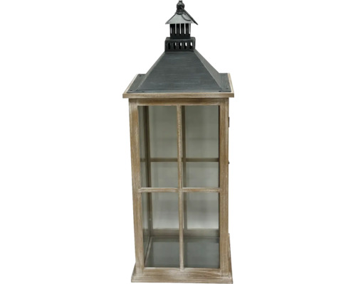 Lanterne décorative en bois avec panneaux de verre et toit en métal