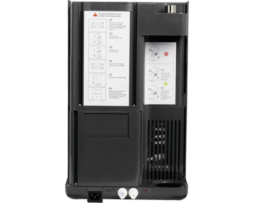 Vue arrière d''un distributeur d''eau avec instructions d''entretien du filtre