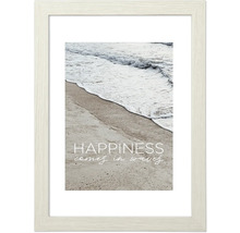 Image encadrée avec l''inscription ''Happiness comes in waves'' représentant une vague sur la plage