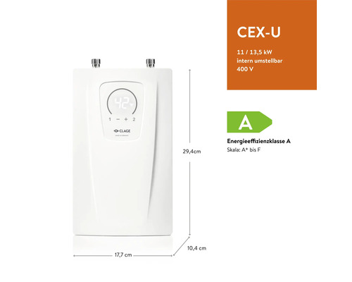 Elektronischer Durchlauferhitzer CEX-U mit den Maßen 29,4 x 17,7 x 10,4 cm und Energieeffizienzklasse A