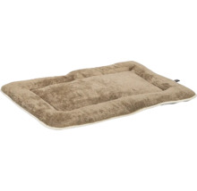 Couchage pour chien beige rectangulaire avec bords surélevés.