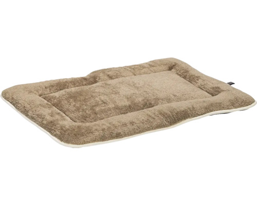 Couchage pour chien beige rectangulaire avec bords surélevés.