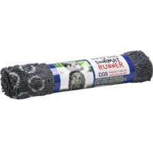 Tapis de porte anti-salissures gris pour chien avec motif de patte, roulé.